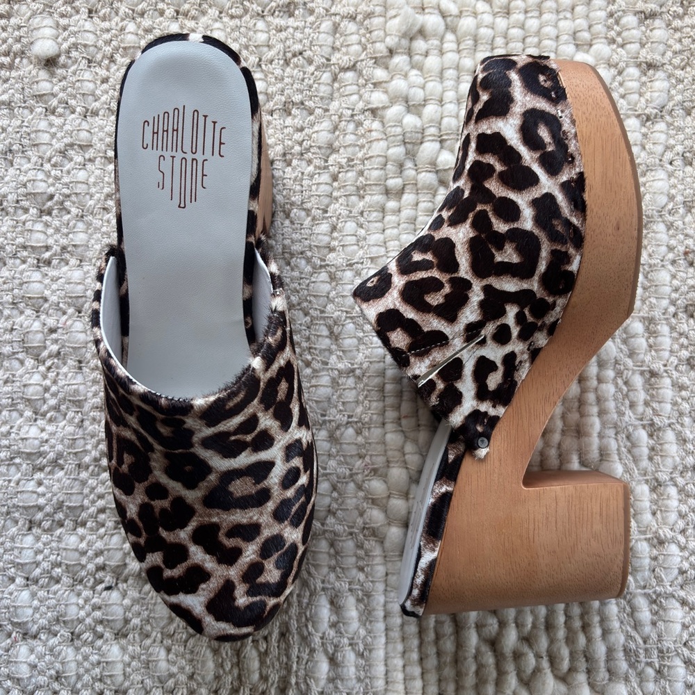 charlotte stone marlo leopard high heel clog miaou mule size 12 w/ wooden sole
